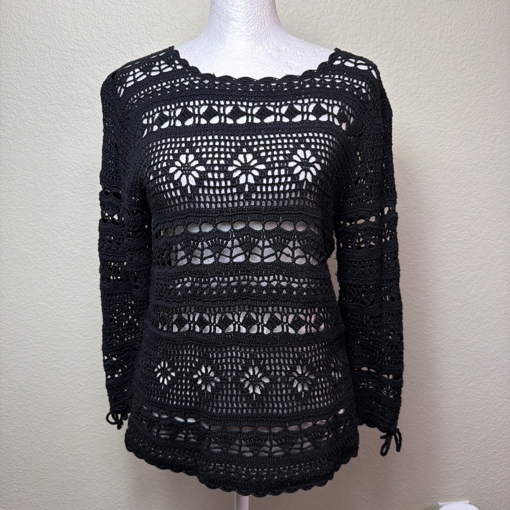 Valerie Separates Top Womens Medium Black Silk Blend Sheer Mesh Crochet Blouse
